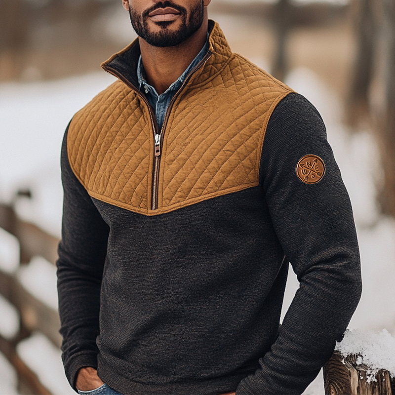 Men's Retro Quilted Patchwork Quarter Zip Collar Sweatshirt