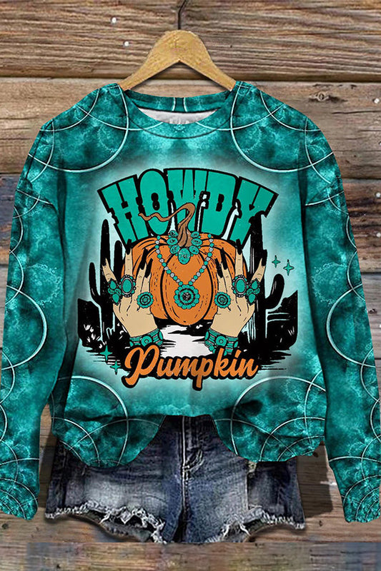 Turquoise Pumpkin Halloween Round Neck Long Sleeve Sweatshirt