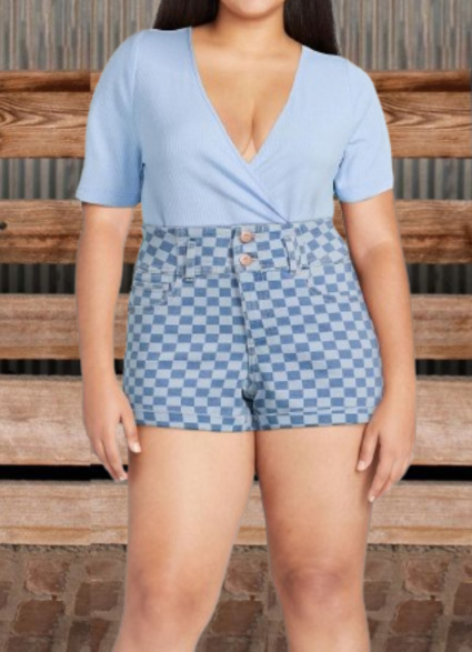 Vintage Washed High Waist Blue & White Plaid Print Shorts