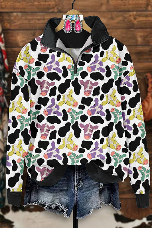 Vintage Western Cow Print Zip-Up Sweatshirt