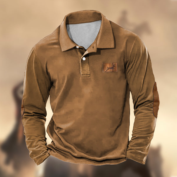 Men's Vintage Elk Hunting Print Casual Long Sleeve Polo Shirt