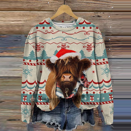 Vintage Highland Cow Christmas Print Casual Sweatshirt