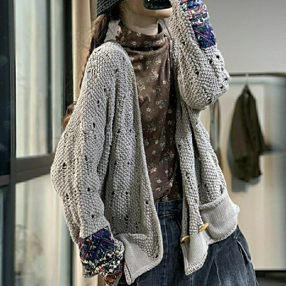 Retro Ethnic Style Printed Patch Knitted Cardigan Sweater For Women