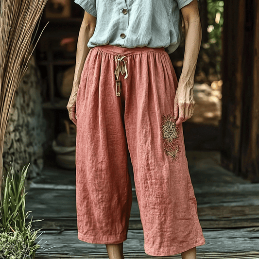 Women's Linen Bohemian Floral Wide-leg Trousers