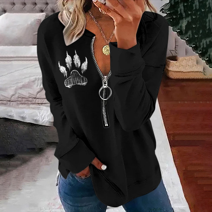 Western Print V-Neck Zipper Long Sleeved Casual Sweatshirt