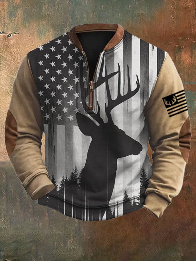 Men's Desert Deer &Flag Printed Zip Collar Sweatshirt