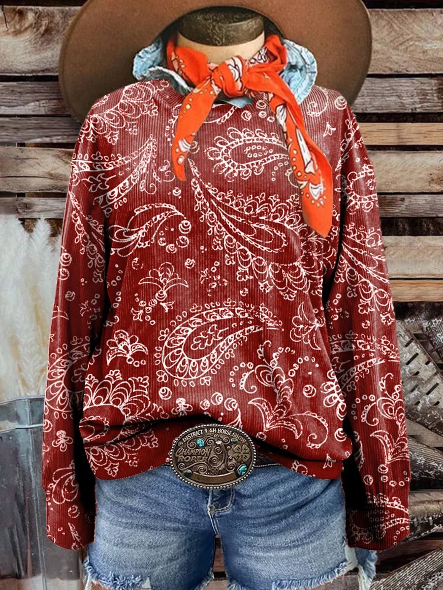 Women's Red Paisley Casual Print Corduroy Sweatshirt