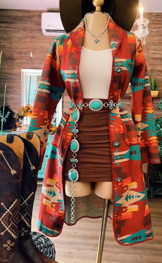 Western Denim Multicolor Aztec Long Sleeve Coat