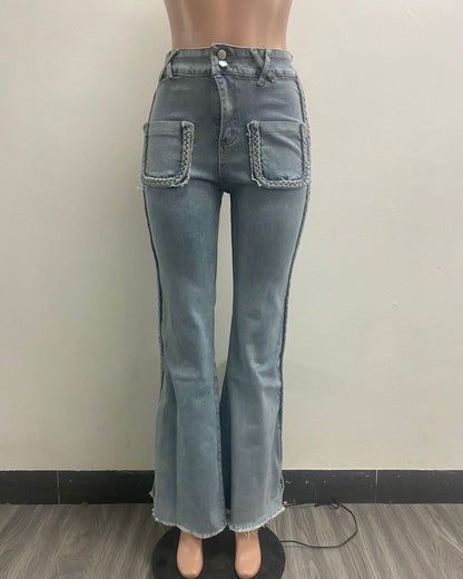 High-Waisted Floor-Length Twist Stretch Denim Flared Pants