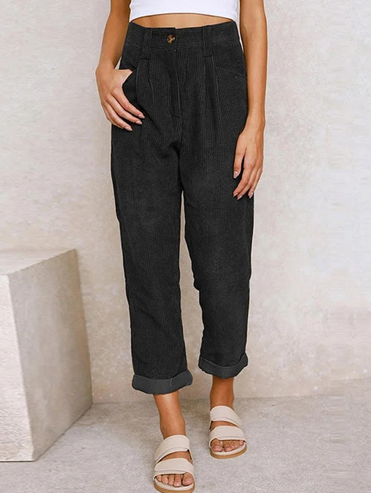 Casual Solid High Waist Pocket Straight Leg Corduroy Pant