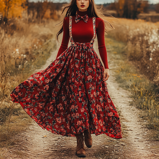 Women's Two-piece Bohemian Pastoral Suspender Floral Dress Autumn And Winter Retro Long Skirt Two-piece Set