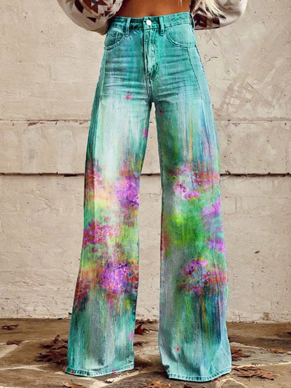 Women's Vintage Oil Painting Floral Wide Leg Pants