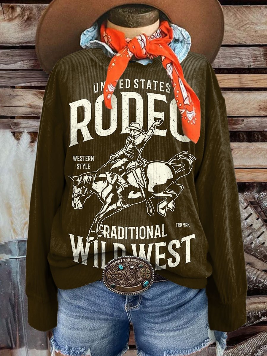 Women's Western Cowboy Slogan Art Casual Print Corduroy Sweatshirt