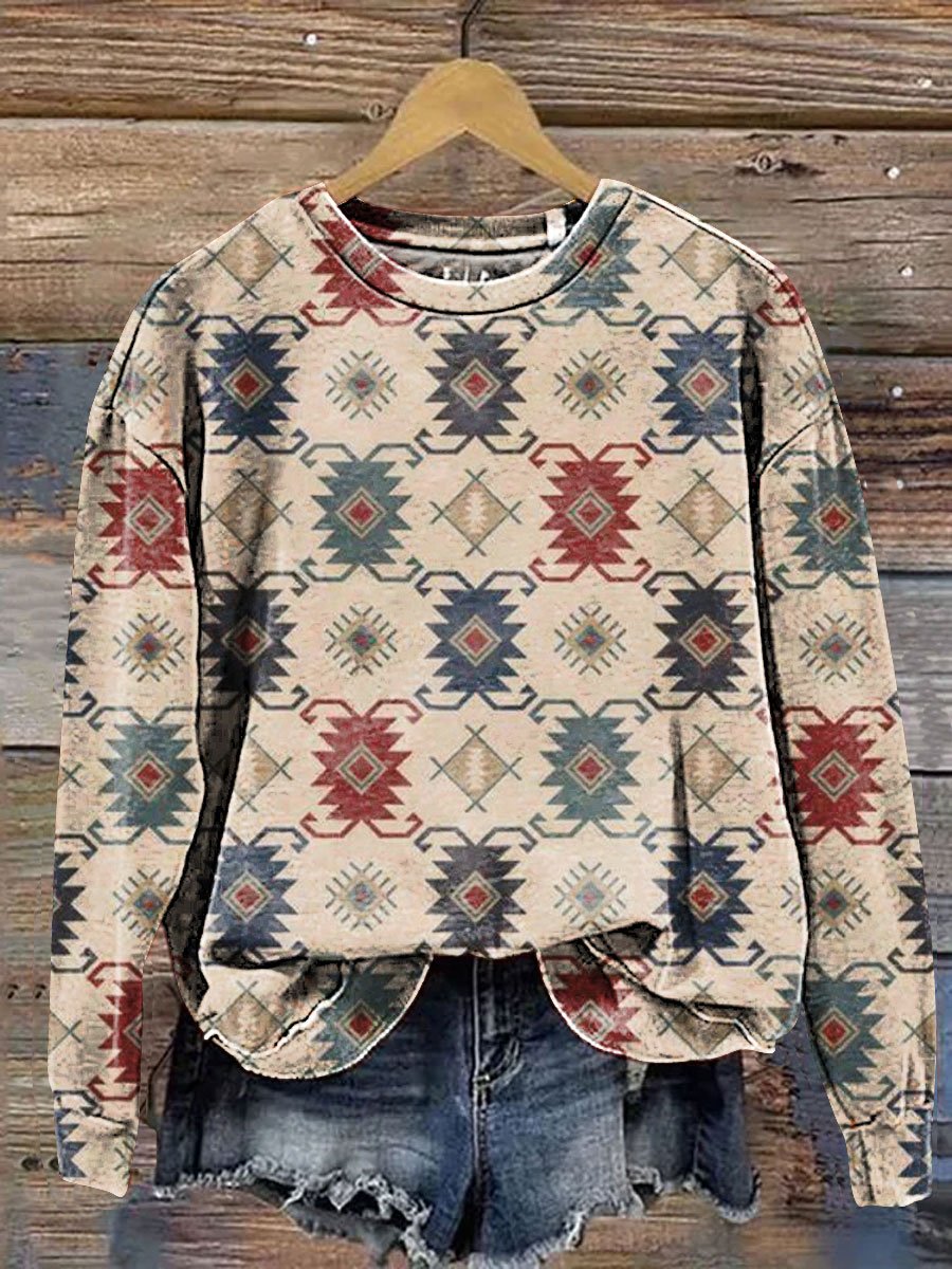 Colorblock Ethnic Pattern Art Print Casual Sweatshirt