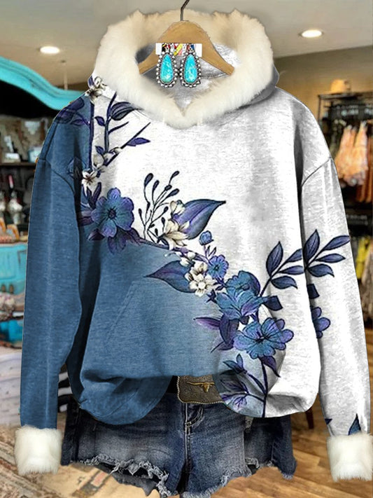 Blue White Vintage Flowers Print Imitation Rabbit Fur Trim Casual Hoodie Sweatshirt