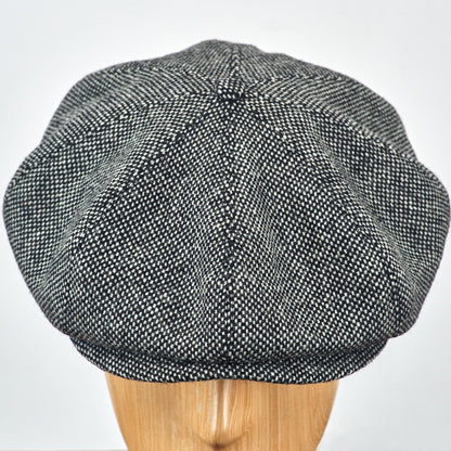 PEAKED CAPS - WOOL Genuine Scottish Harris Tweed 8 Panels Man Cap BLACK-WHITE