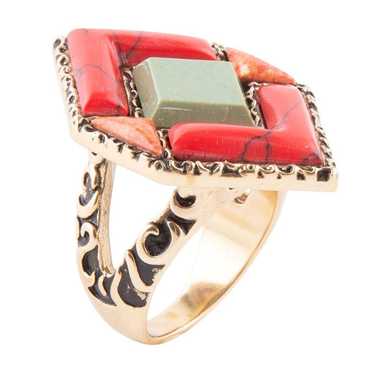 Turquoise and Coral Tapestry Ring