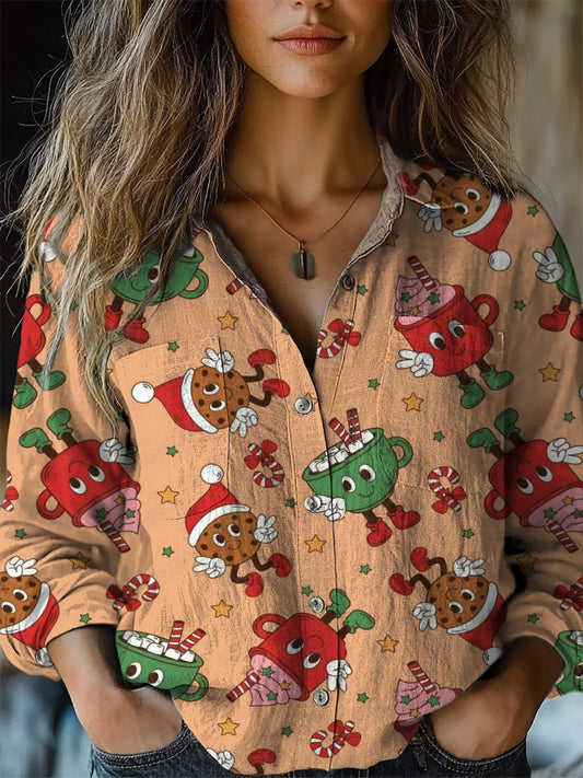 Retro Cartoon Christmas Pattern Printed Women's Casual Long Sleeve Comfortable Cotton Shirt