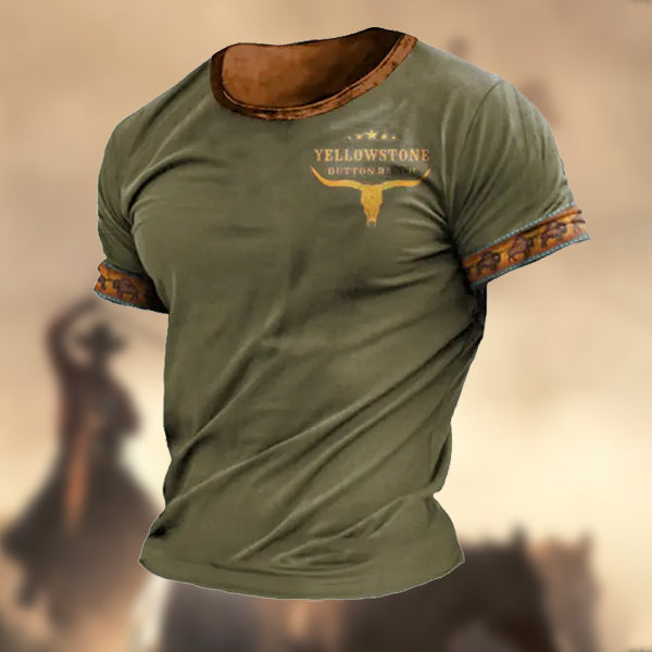 Men's Retro Western Ethnic Yellowstone Printed Pattern Short Sleeve Round Neck T-shirt