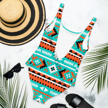 Yeehaw Turquoise Orange Aztec One-Piece Swimsuit