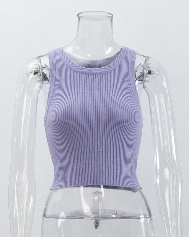 Ribbed Knitted Solid Color Slim Short Camisole