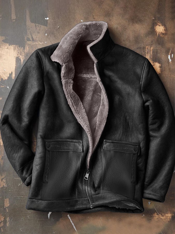 Men's Pu Material Plush Lining Warm Leather Jacket