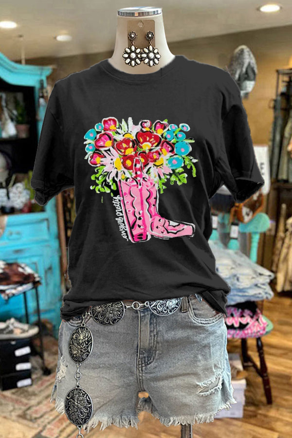 Western Boots Flowers Print Tee