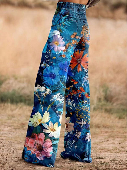 Women's Flower Print Casual Wide Leg Pants