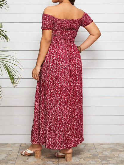 Plus-Size Bohemian Print Pleated Off-The-Shoulder Slit Casual Midi Dress