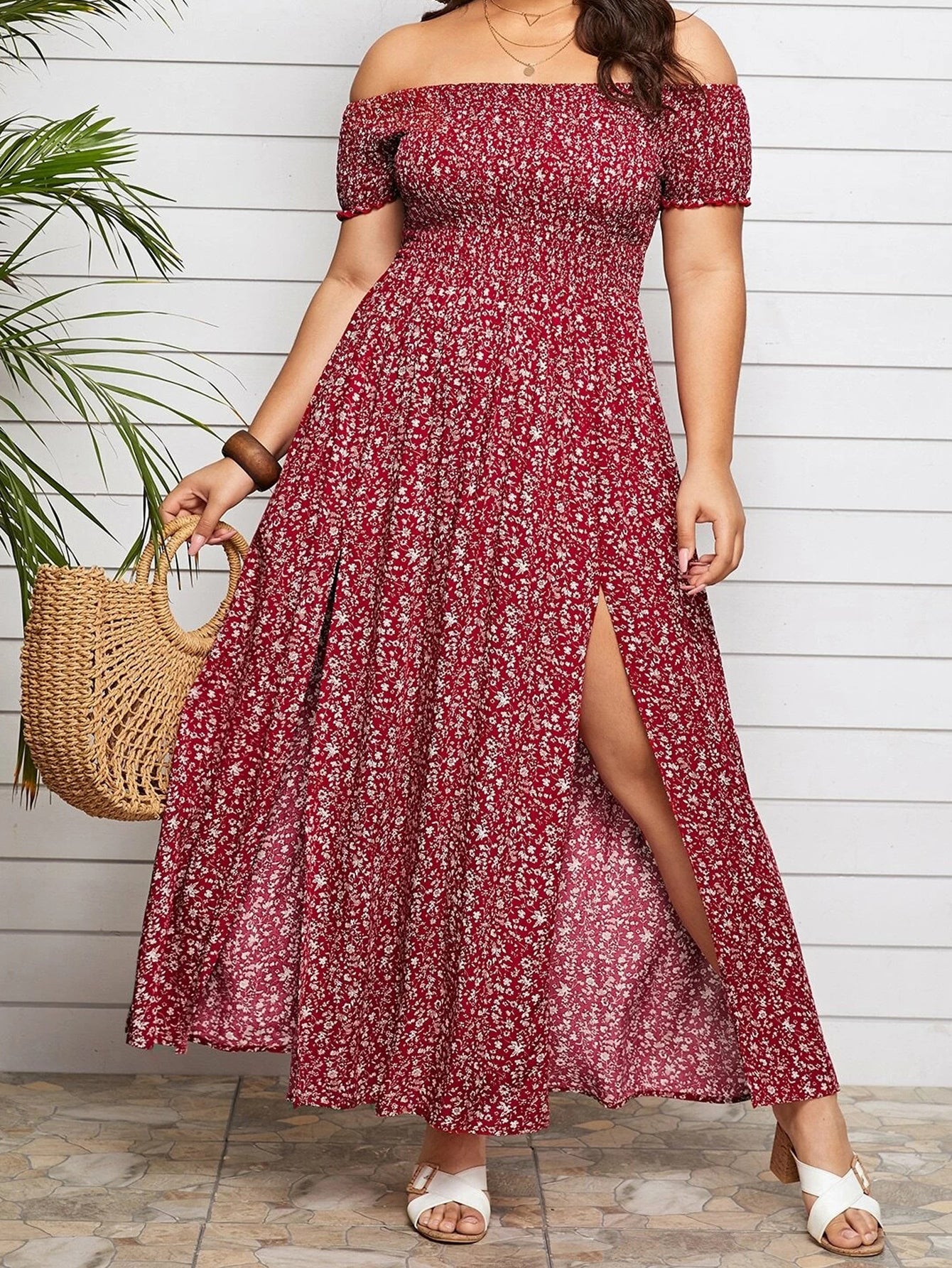 Plus-Size Bohemian Print Pleated Off-The-Shoulder Slit Casual Midi Dress