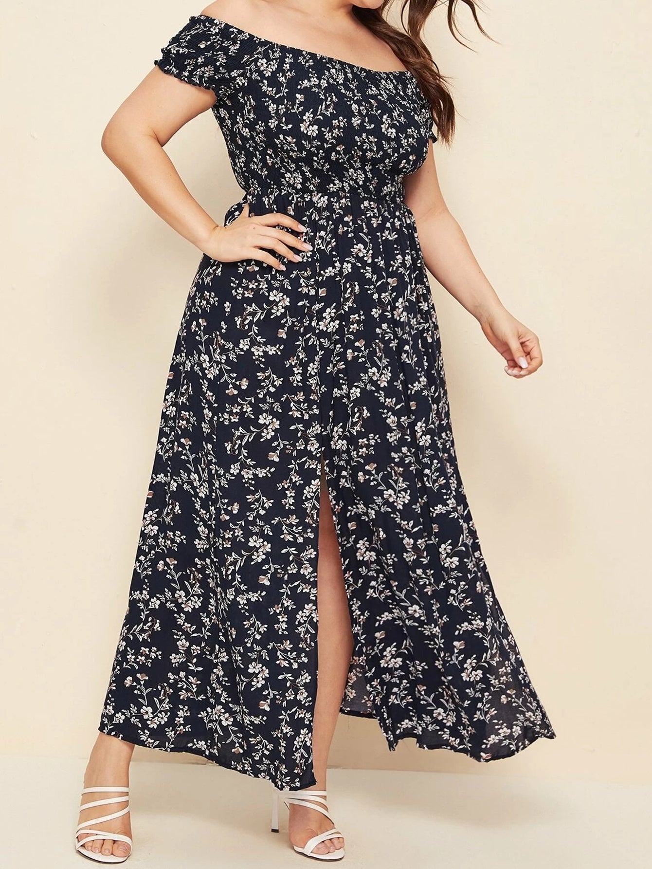 Plus-Size Bohemian Print Pleated Off-The-Shoulder Slit Casual Midi Dress