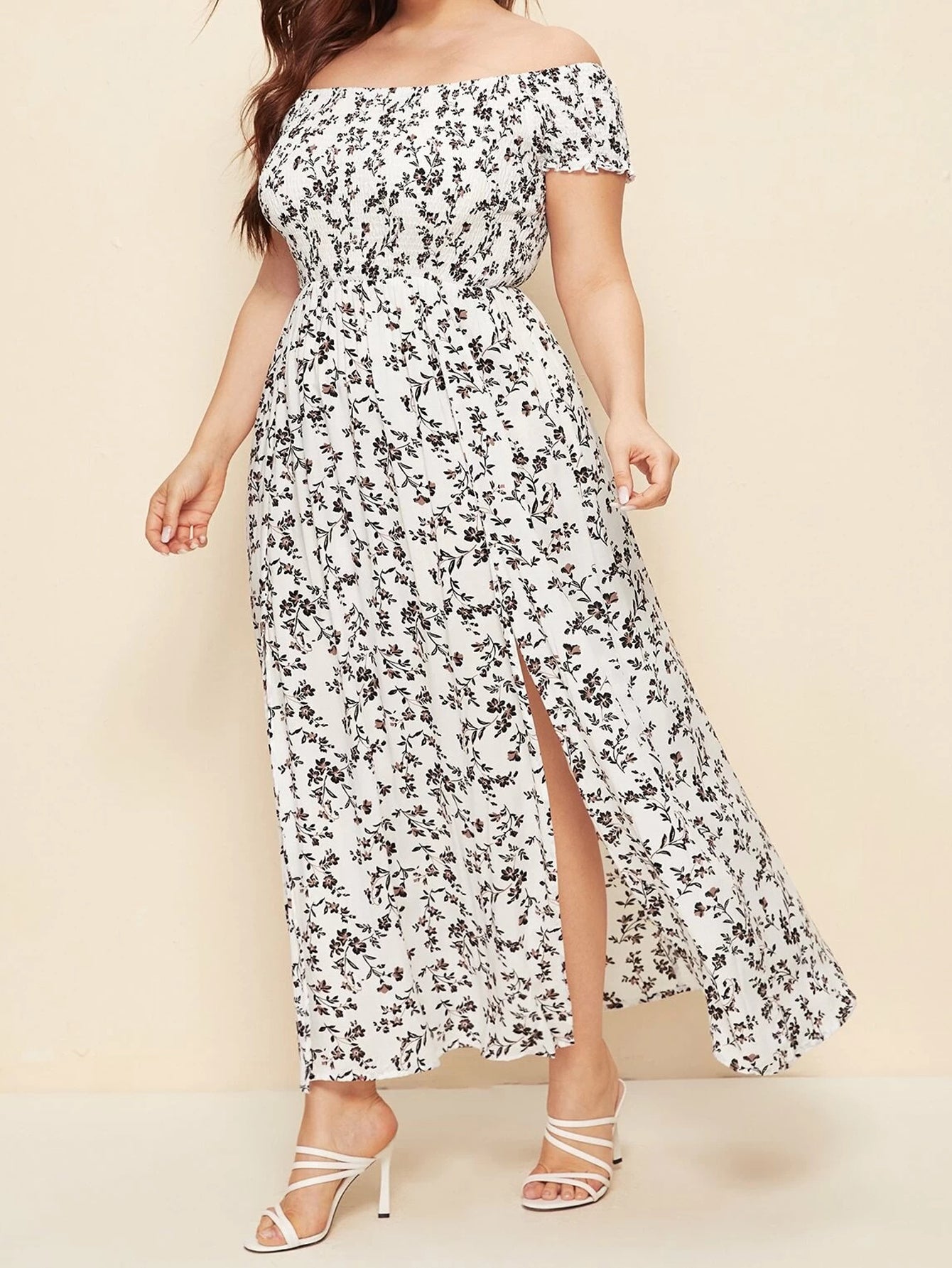 Plus-Size Bohemian Print Pleated Off-The-Shoulder Slit Casual Midi Dress