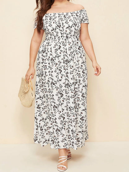 Plus-Size Bohemian Print Pleated Off-The-Shoulder Slit Casual Midi Dress