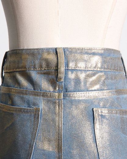 High Waist Hot Stamping A-Line Denim Skirt