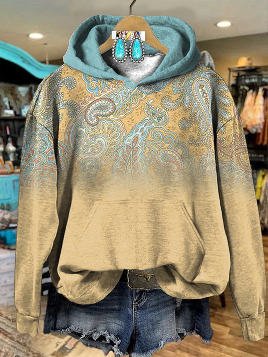 Light Yellow Vintage Ethnic Cashew Flowers Print Casual Hoodie Sweatshirt