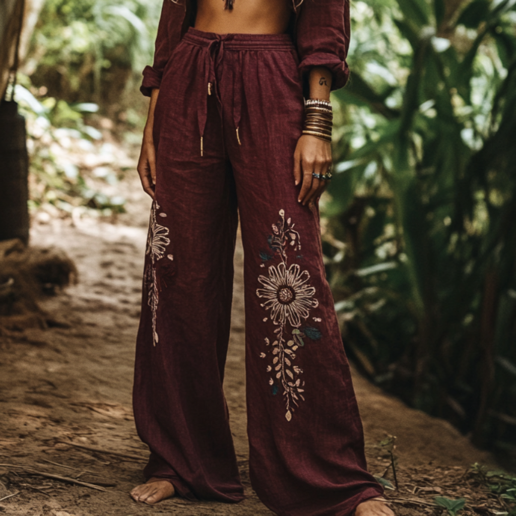 Bohemian Holiday Style Retro Linen Floral Ethnic Totem Print Casual Pants