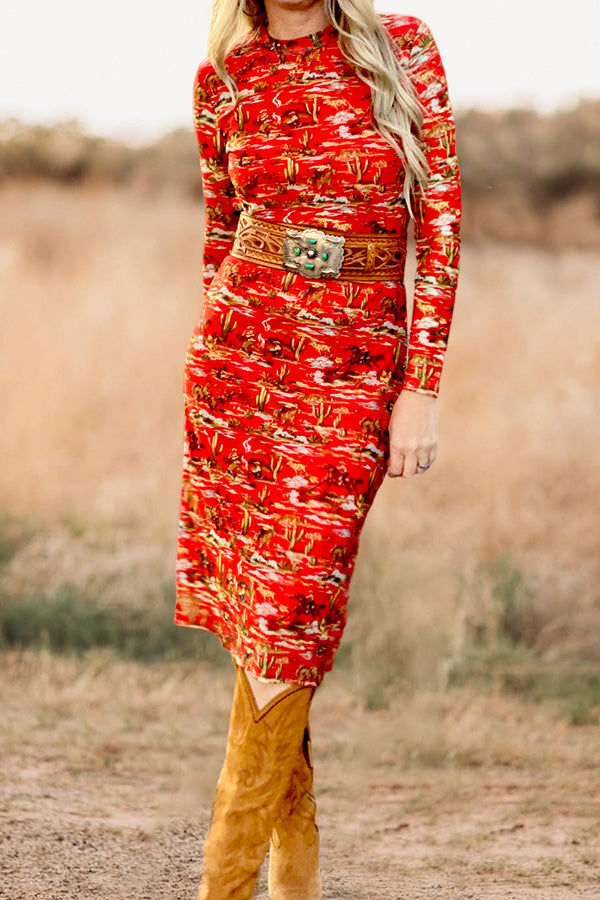 Retro Western Life Scene Print Dress