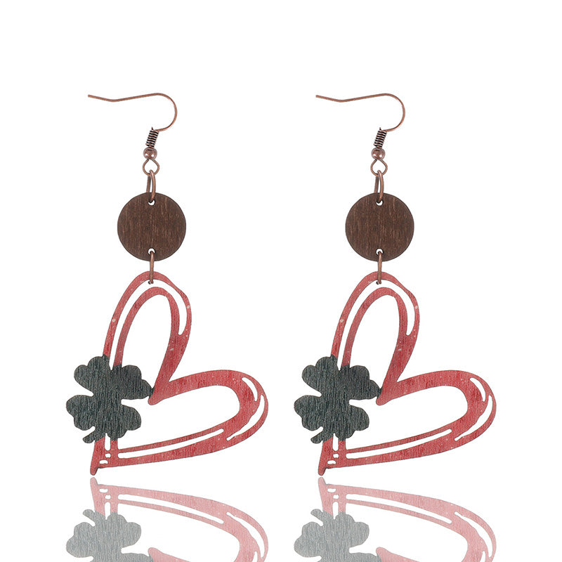 Valentine's Day Heart Hollow Four-leaf Clover Wooden Earrings