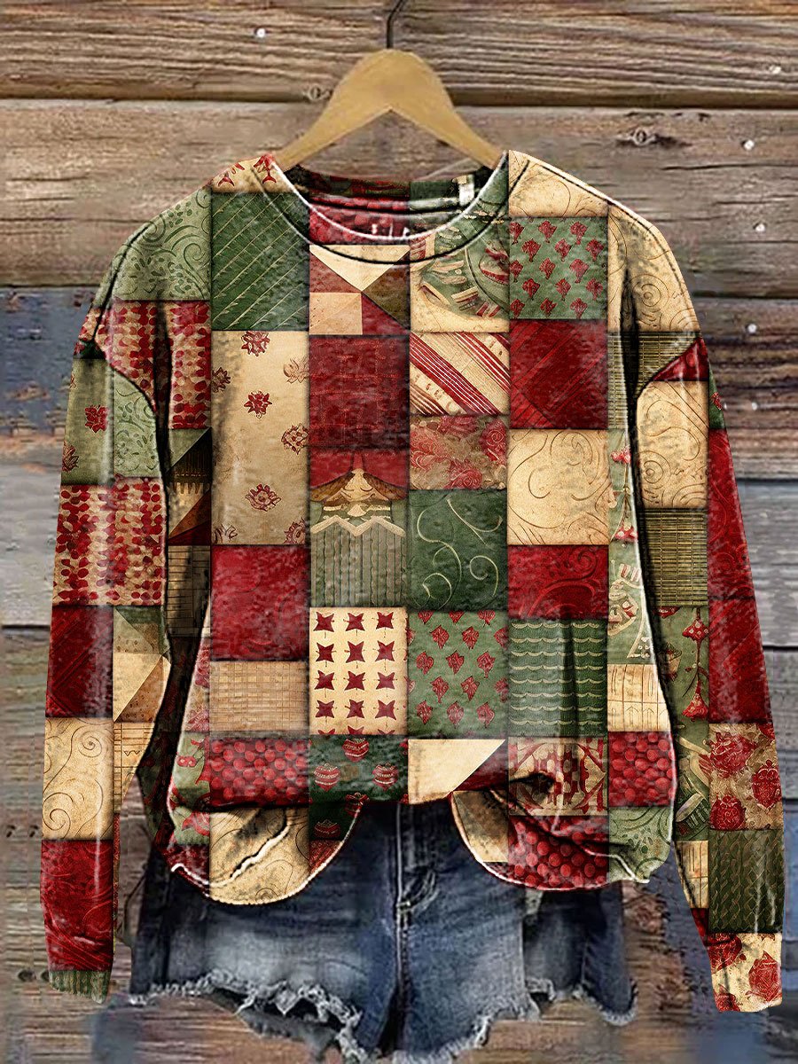 Vintage Christmas Gift Patchwork Art Print Casual Sweatshirt