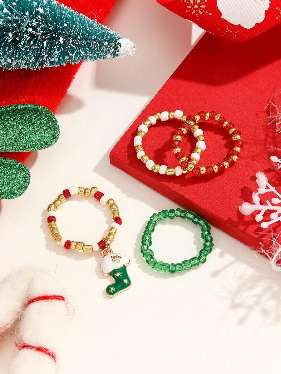 Christmas Beaded Pendant Rings Set