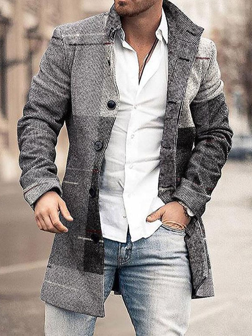 Men's Retro Buttoned Stand Collar Printed Woolen Jacket