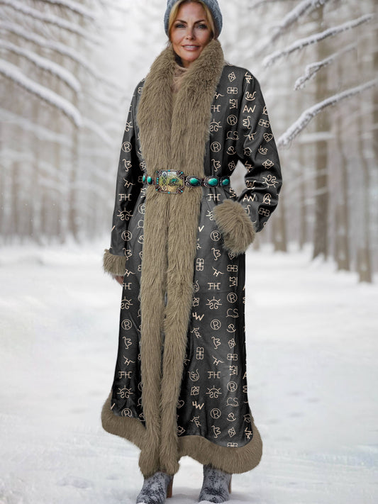 Women's Vintage Cattle Brands Printed Fur Patchwork Suede Long Afghan Coat