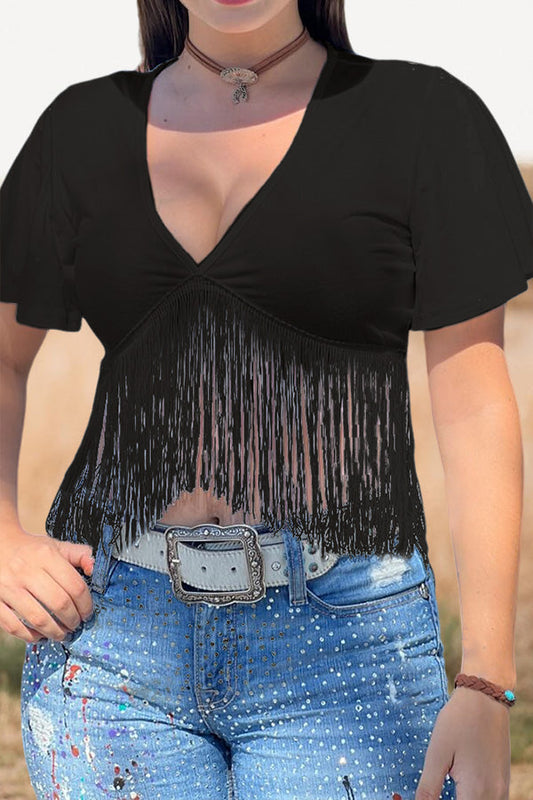 V-Neck Fringed Crop Top