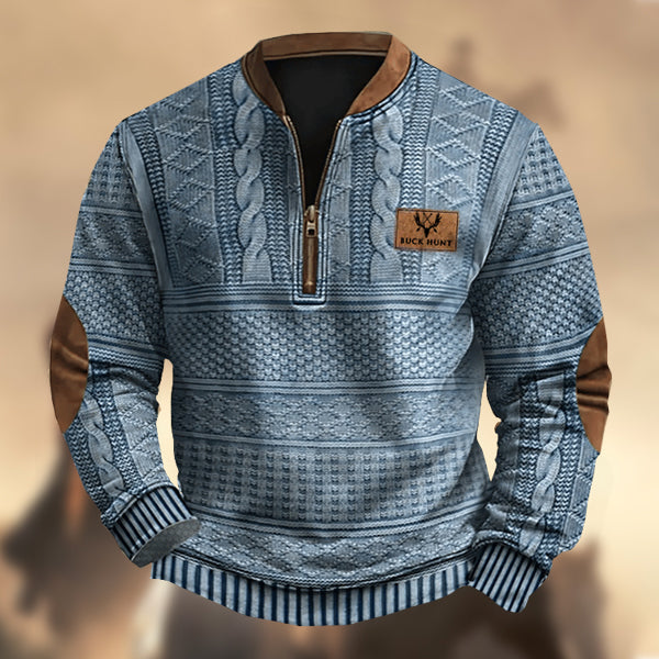 Men's Vintage Western Hunting Elk Knit Print Zipper Stand Collar Casual Sweatshirt