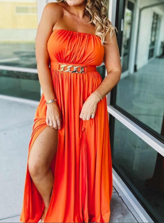 Off-the-shoulder Belt Slit Maxi Dress