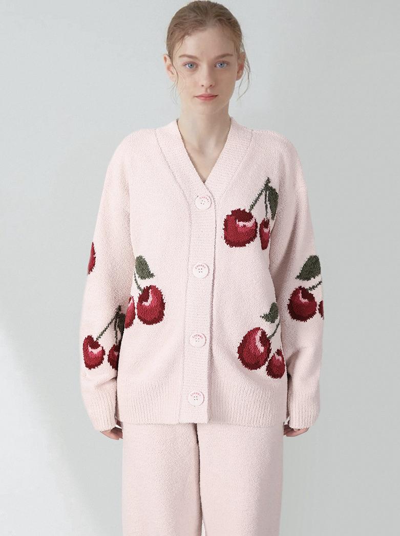 Soft Half Velvet Cherry Cardigan Pajama Set