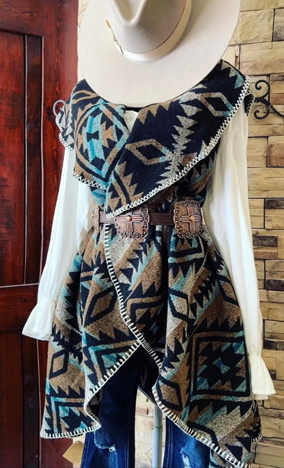 Western Denim Cross Aztec Long Sleeve Coat