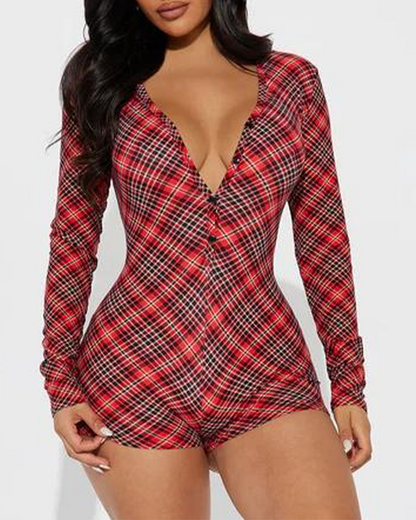 Christmas Plaid Print V-Neck Long Sleeve Onesie Shorts