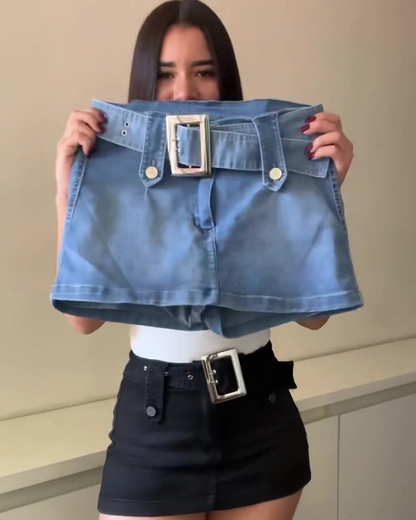 High-waisted Mini Slim-fit Denim Skirt With Belt