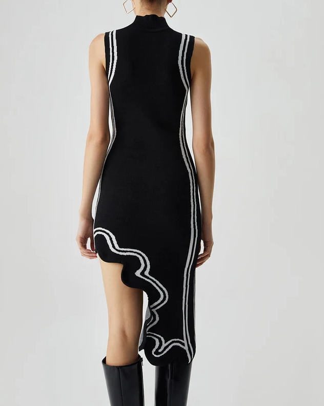 Knit Asymmetric Contrast Trim Mock Neck Midi Dress